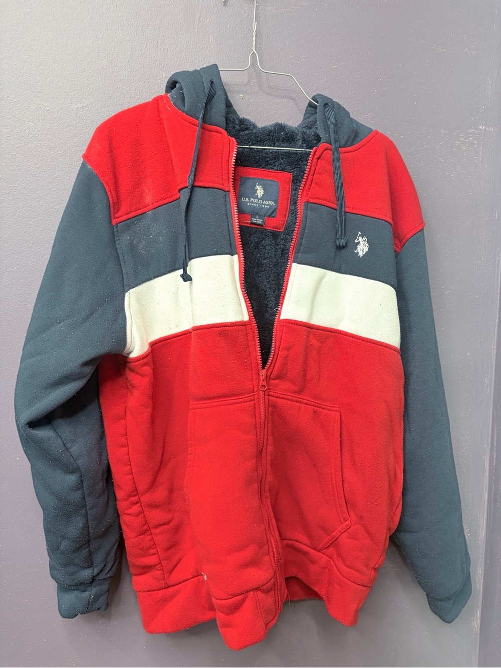 U.S. Polo Assn. Red, Navy & White Hooded Zip-Up Puffer Jacket